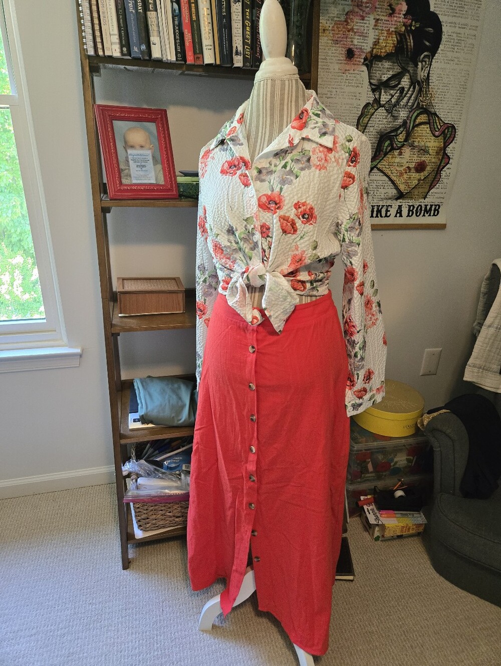 Coral Button-Front Maxi Skirt